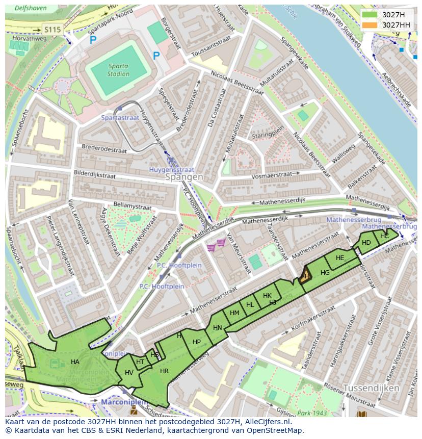Afbeelding van het postcodegebied 3027 HH op de kaart.