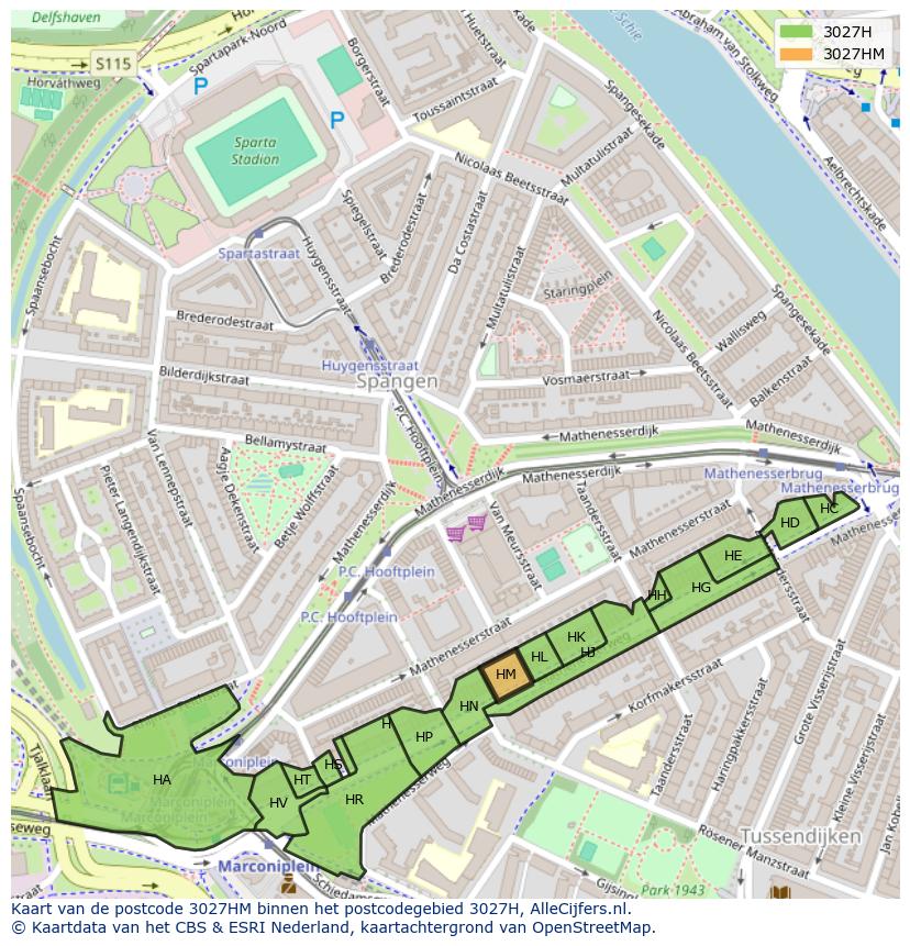 Afbeelding van het postcodegebied 3027 HM op de kaart.