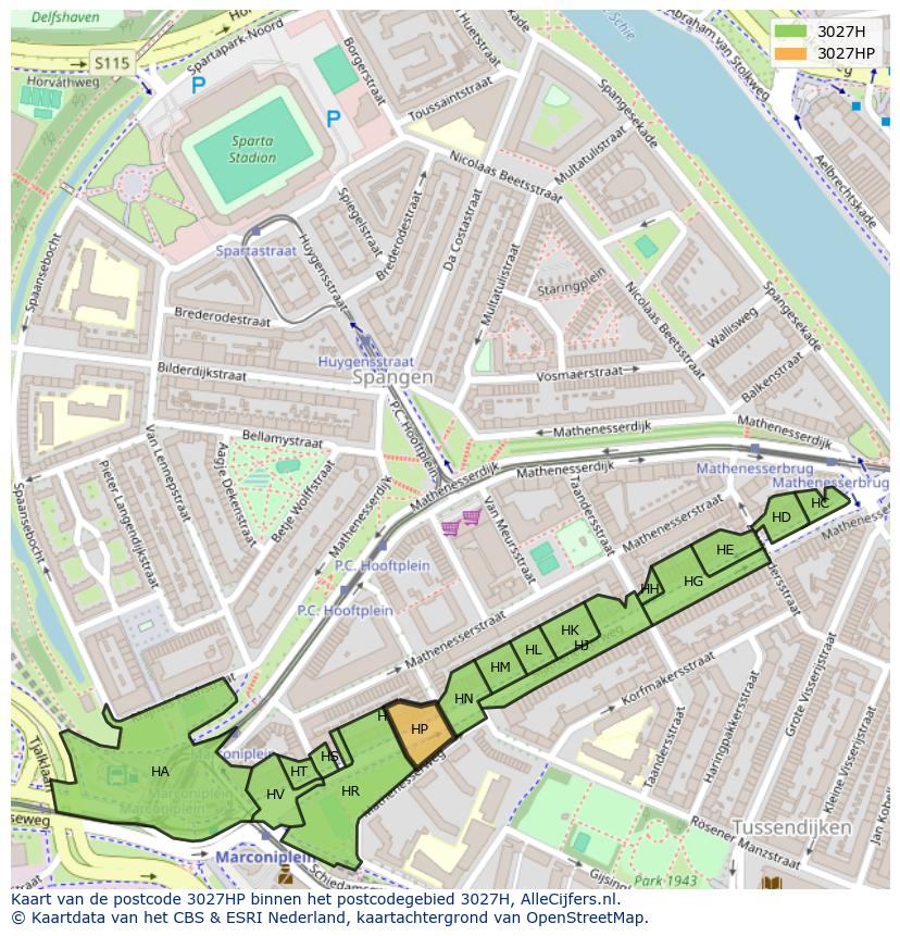 Afbeelding van het postcodegebied 3027 HP op de kaart.