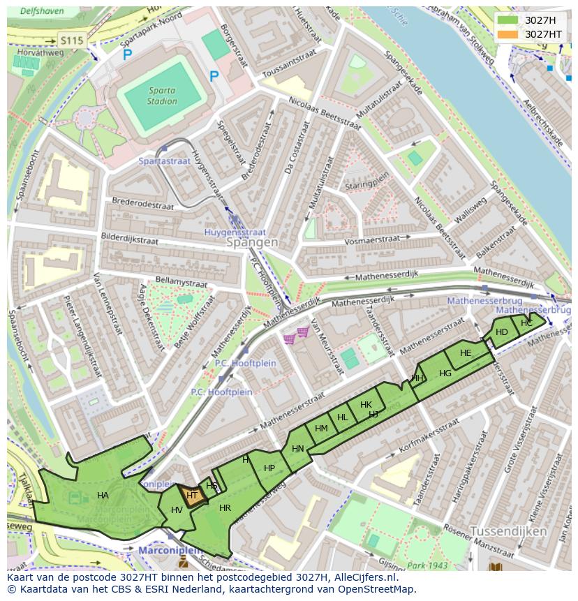 Afbeelding van het postcodegebied 3027 HT op de kaart.