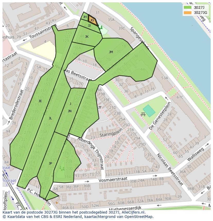 Afbeelding van het postcodegebied 3027 JG op de kaart.