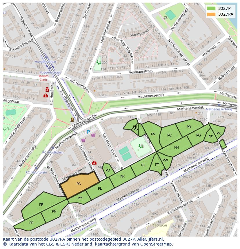 Afbeelding van het postcodegebied 3027 PA op de kaart.