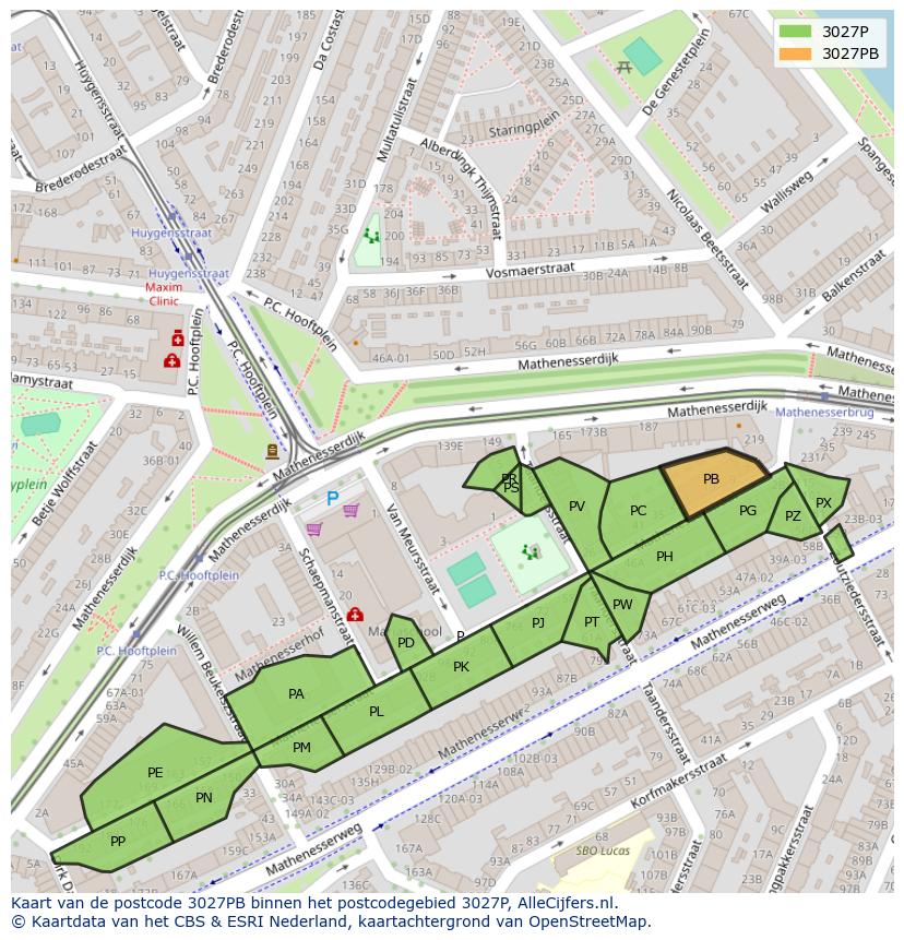 Afbeelding van het postcodegebied 3027 PB op de kaart.