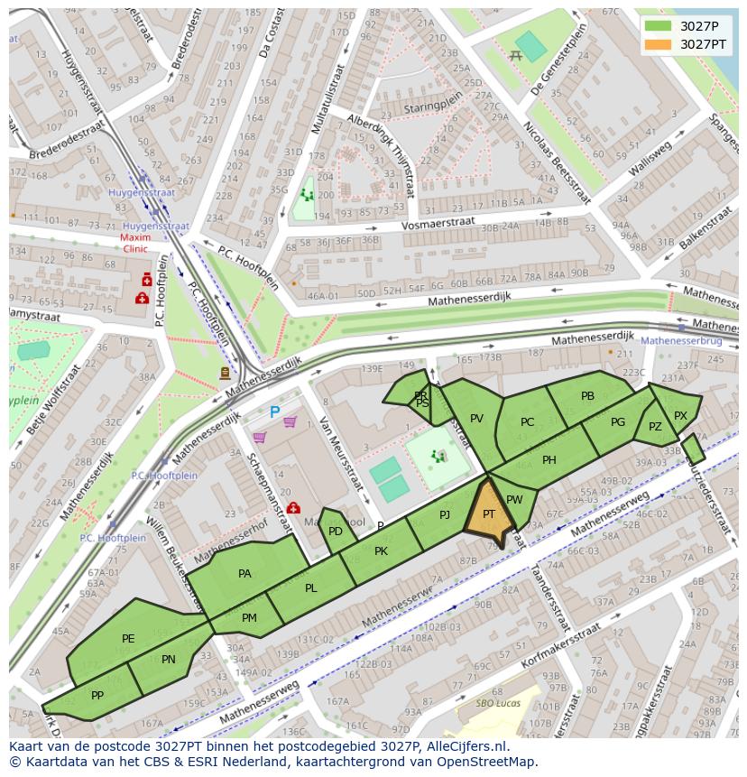 Afbeelding van het postcodegebied 3027 PT op de kaart.