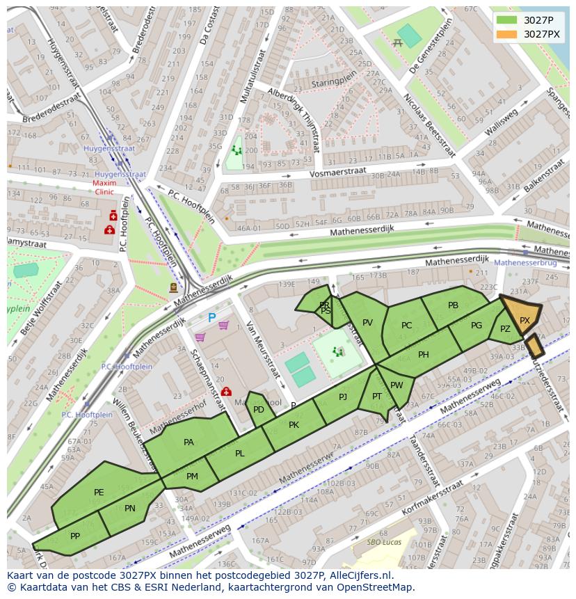 Afbeelding van het postcodegebied 3027 PX op de kaart.