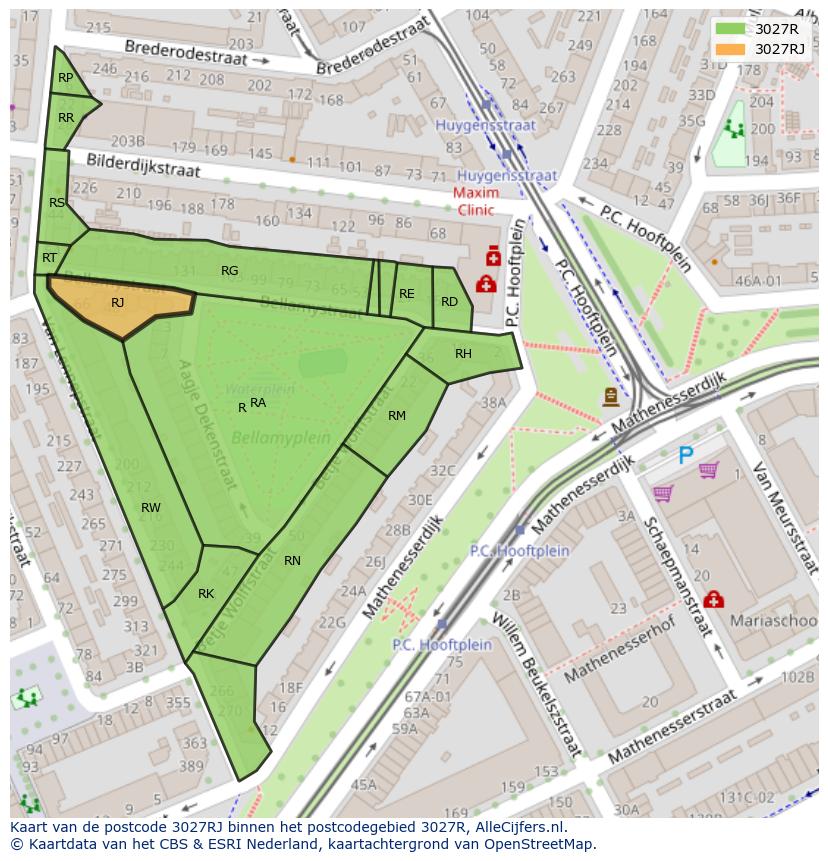 Afbeelding van het postcodegebied 3027 RJ op de kaart.