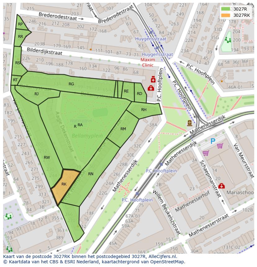 Afbeelding van het postcodegebied 3027 RK op de kaart.