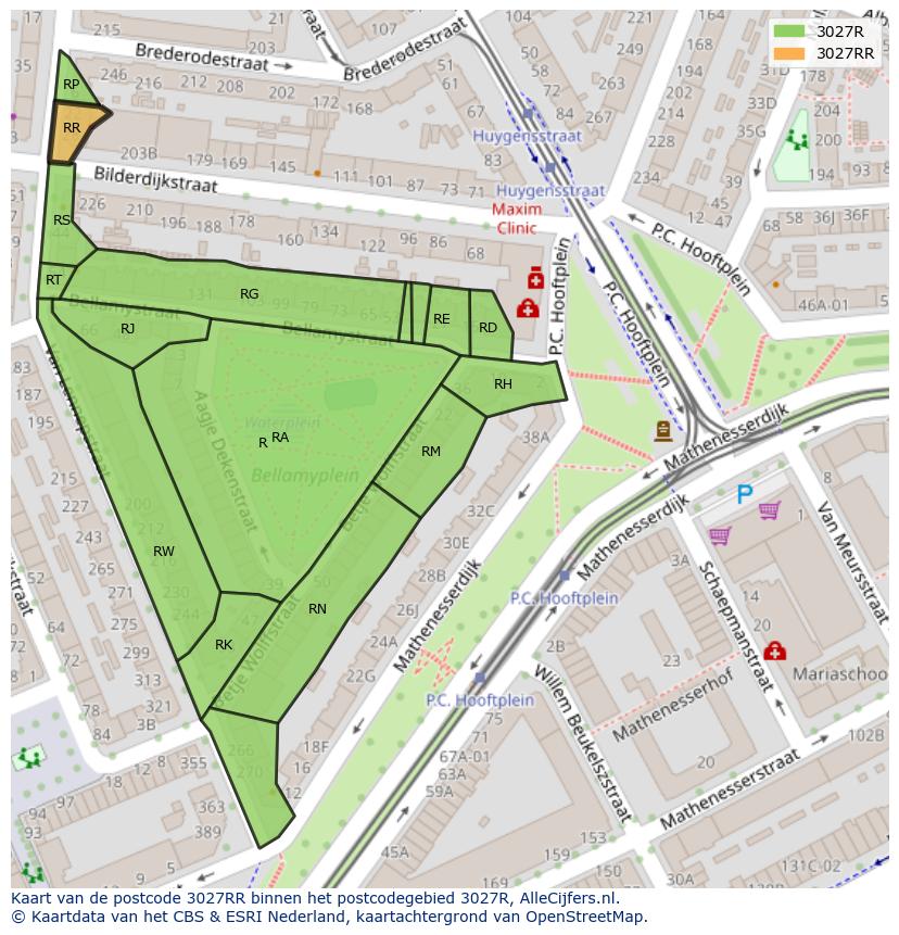 Afbeelding van het postcodegebied 3027 RR op de kaart.