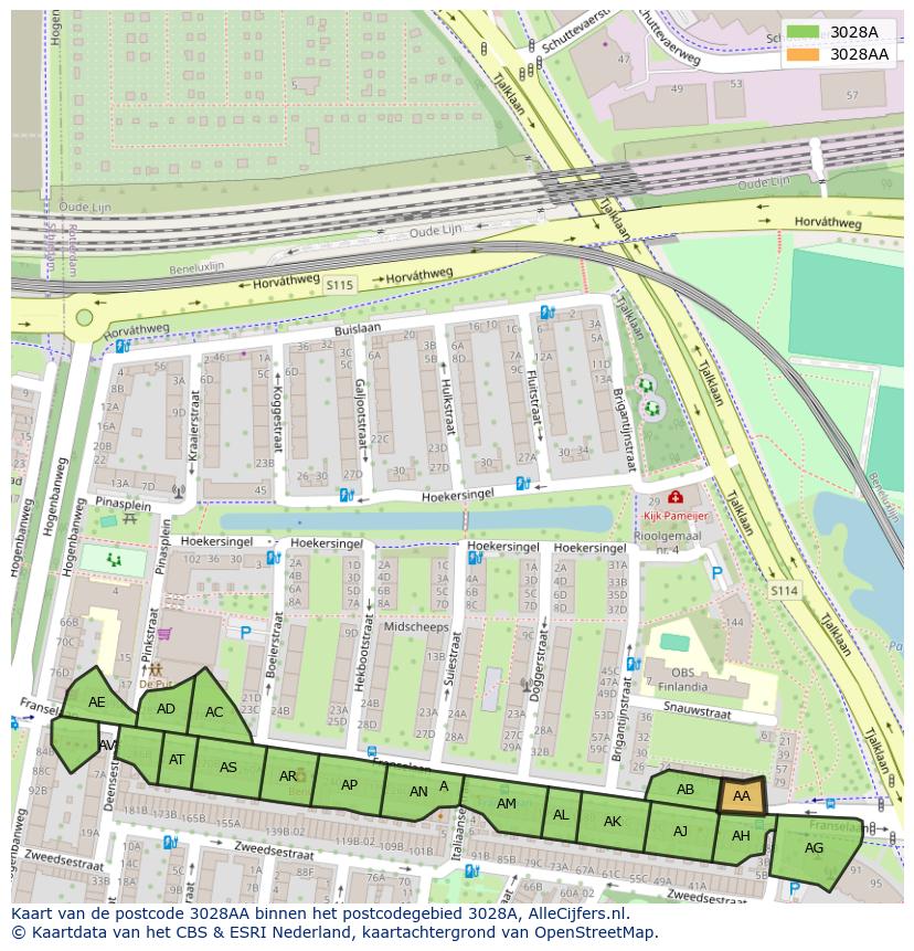 Afbeelding van het postcodegebied 3028 AA op de kaart.