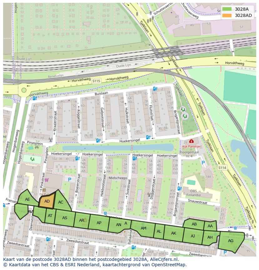 Afbeelding van het postcodegebied 3028 AD op de kaart.