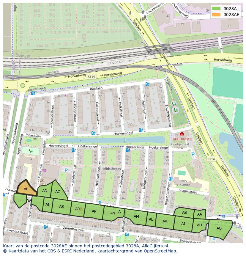 Afbeelding van het postcodegebied 3028 AE op de kaart.