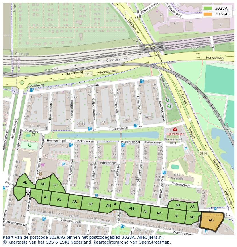 Afbeelding van het postcodegebied 3028 AG op de kaart.
