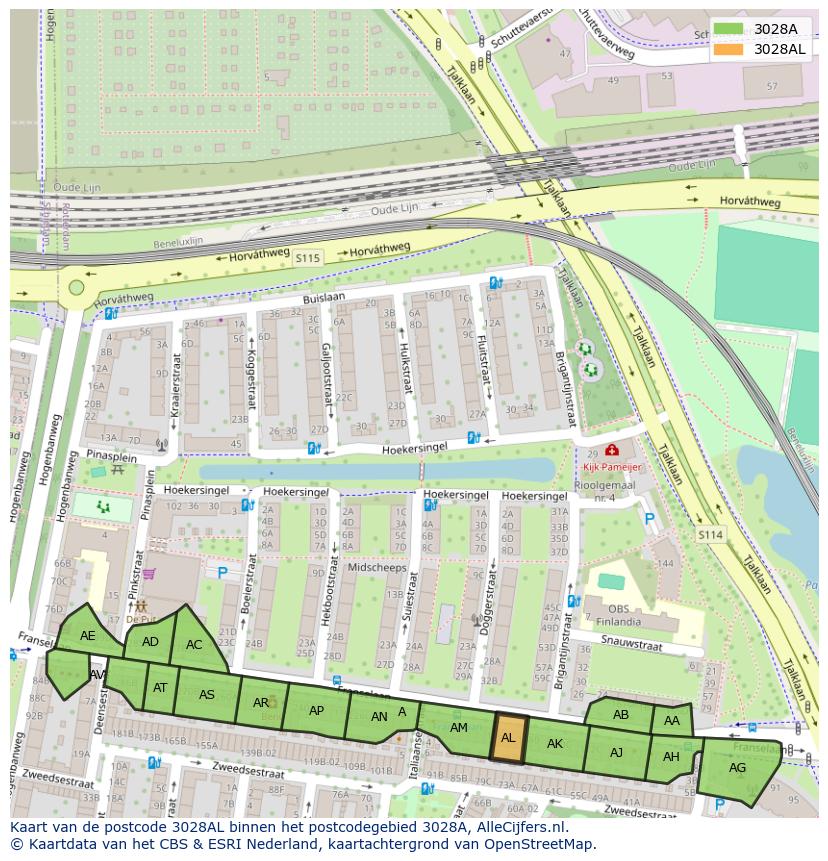 Afbeelding van het postcodegebied 3028 AL op de kaart.