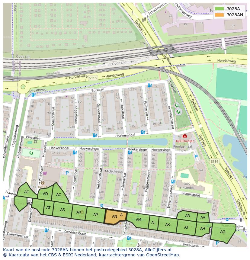 Afbeelding van het postcodegebied 3028 AN op de kaart.