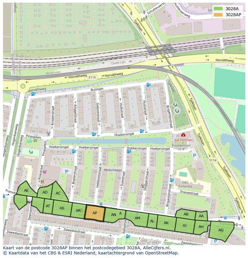 Afbeelding van het postcodegebied 3028 AP op de kaart.