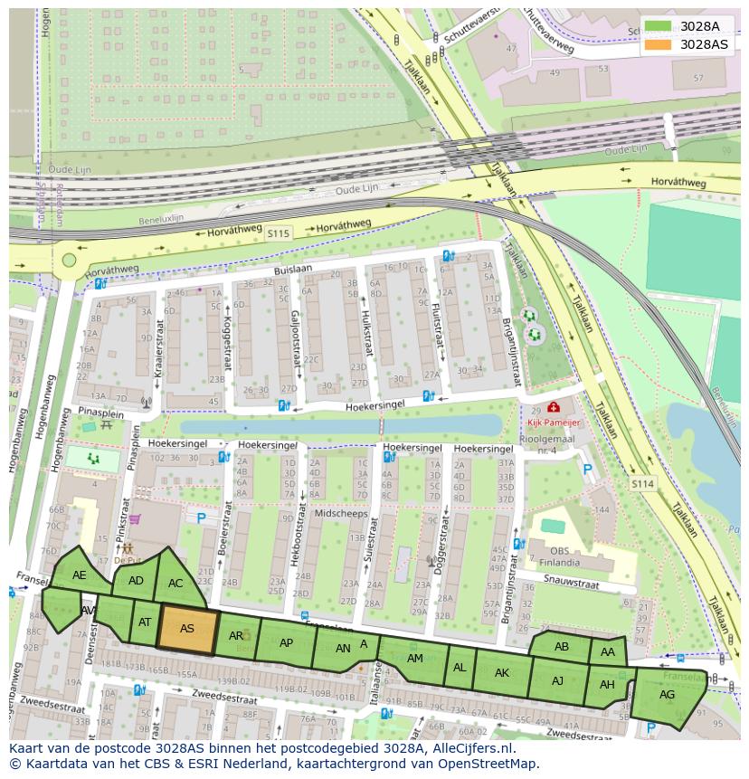 Afbeelding van het postcodegebied 3028 AS op de kaart.