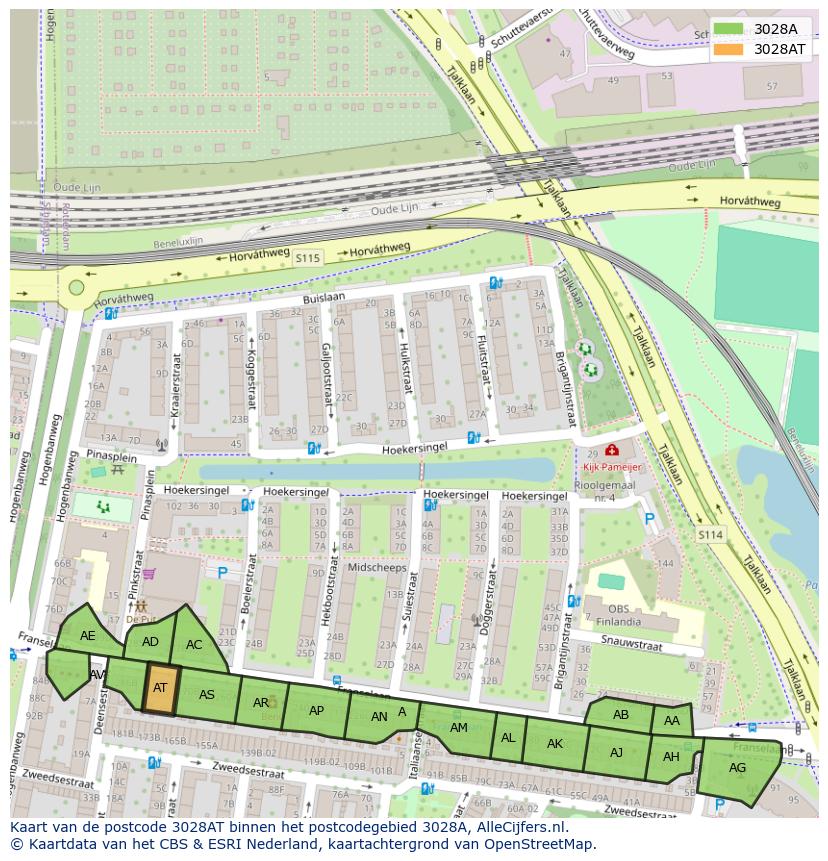 Afbeelding van het postcodegebied 3028 AT op de kaart.