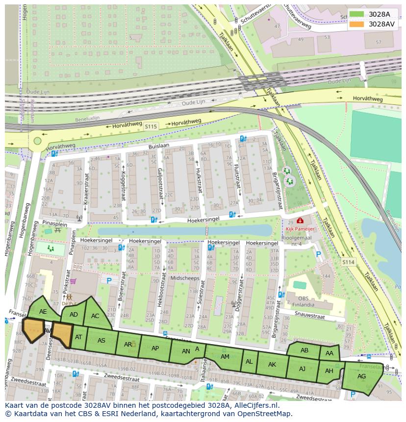Afbeelding van het postcodegebied 3028 AV op de kaart.