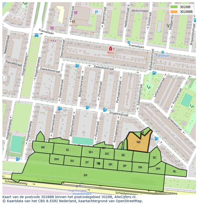 Afbeelding van het postcodegebied 3028 BB op de kaart.