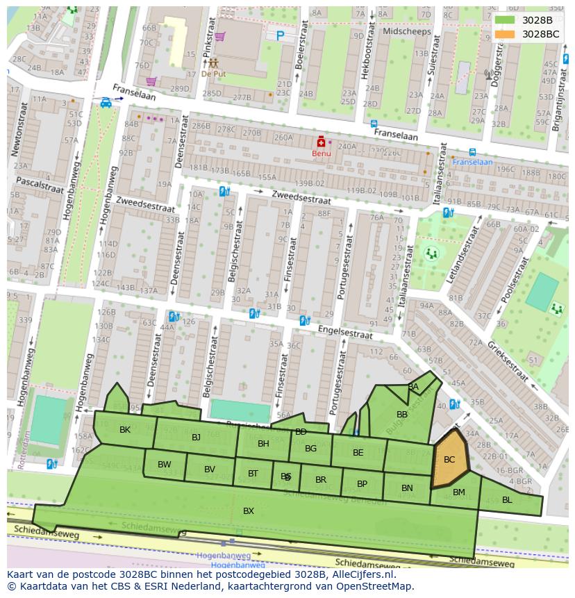 Afbeelding van het postcodegebied 3028 BC op de kaart.