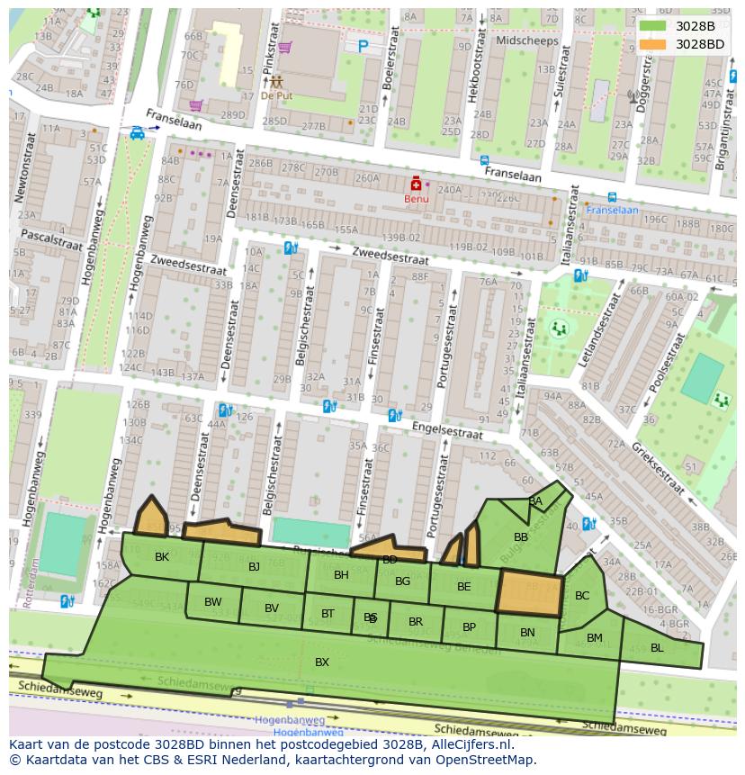 Afbeelding van het postcodegebied 3028 BD op de kaart.
