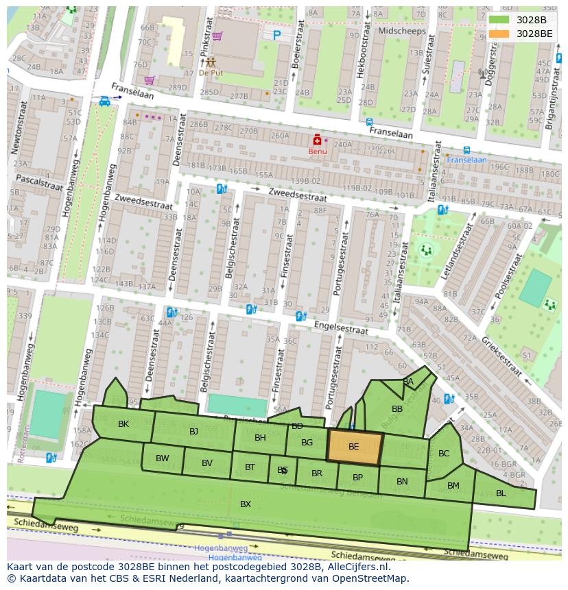 Afbeelding van het postcodegebied 3028 BE op de kaart.