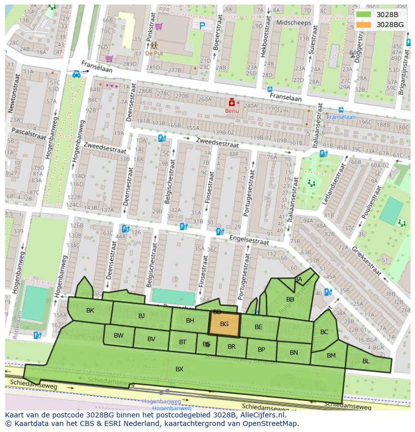 Afbeelding van het postcodegebied 3028 BG op de kaart.