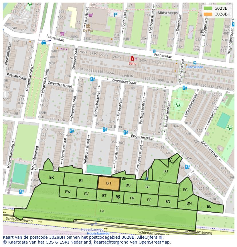 Afbeelding van het postcodegebied 3028 BH op de kaart.