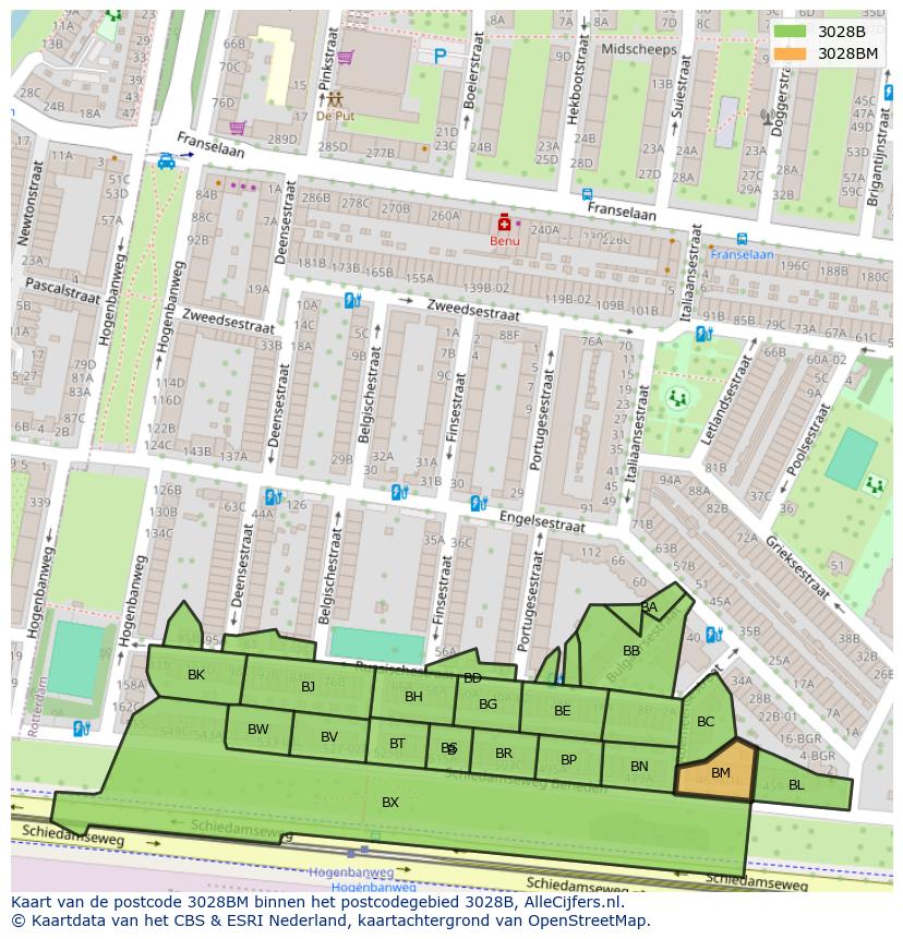 Afbeelding van het postcodegebied 3028 BM op de kaart.