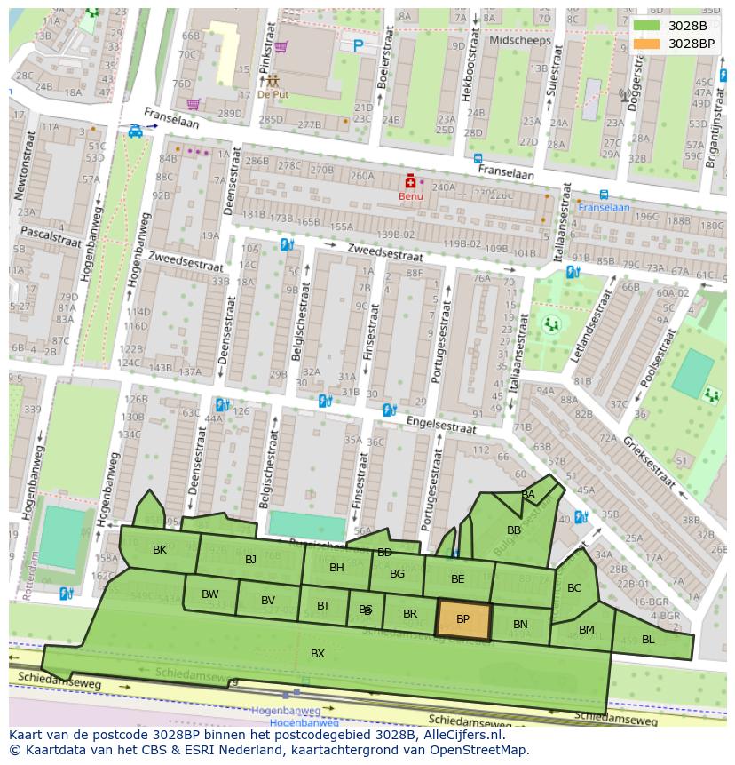 Afbeelding van het postcodegebied 3028 BP op de kaart.