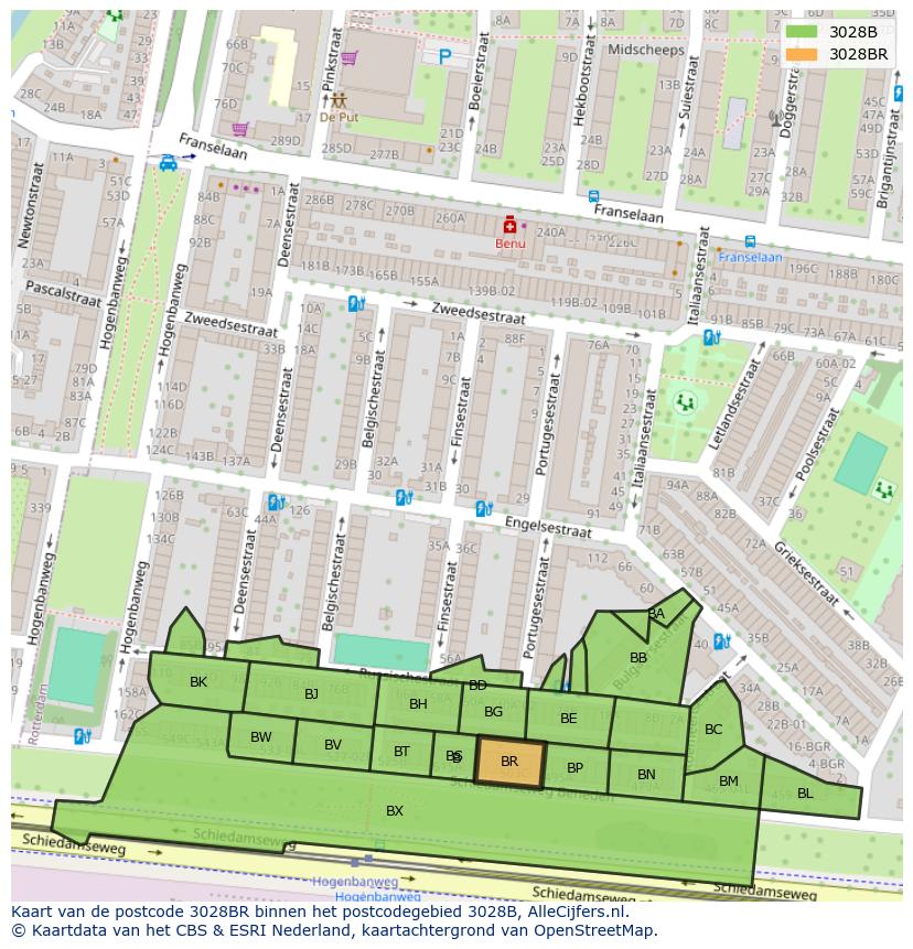 Afbeelding van het postcodegebied 3028 BR op de kaart.