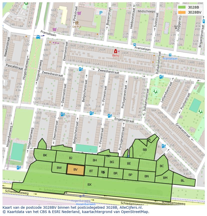 Afbeelding van het postcodegebied 3028 BV op de kaart.