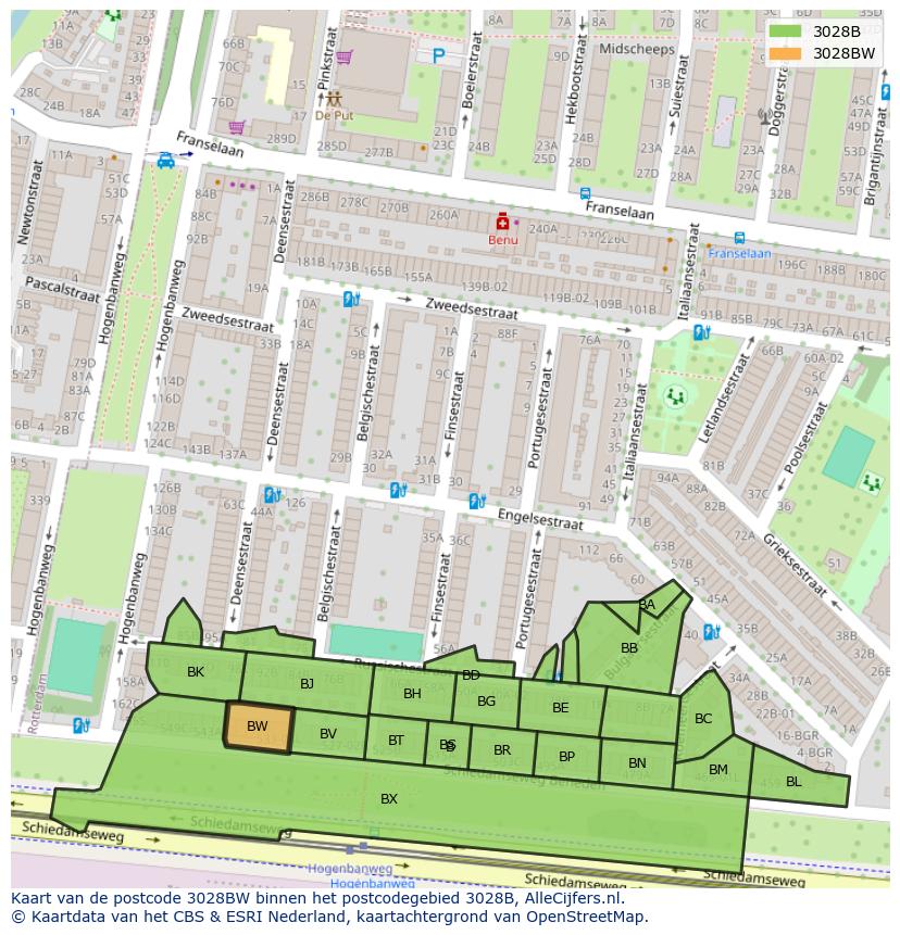 Afbeelding van het postcodegebied 3028 BW op de kaart.