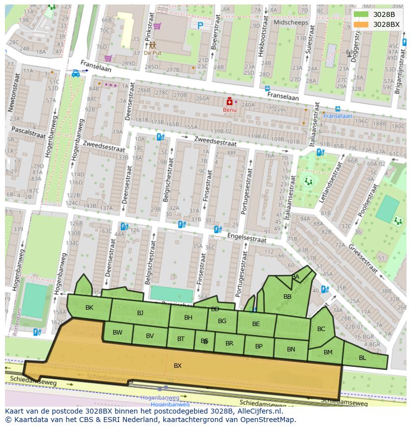 Afbeelding van het postcodegebied 3028 BX op de kaart.