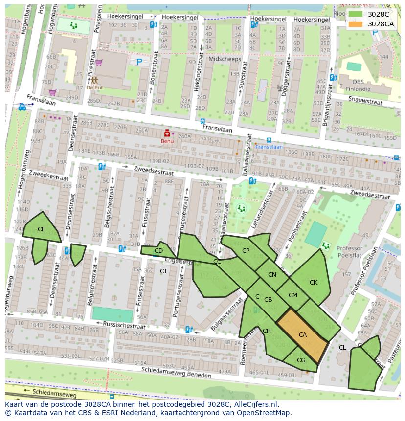 Afbeelding van het postcodegebied 3028 CA op de kaart.