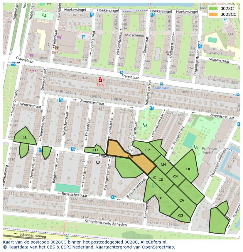 Afbeelding van het postcodegebied 3028 CC op de kaart.