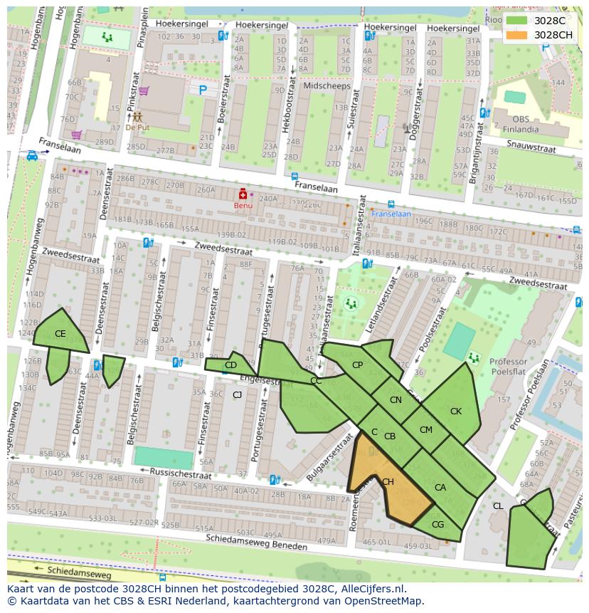Afbeelding van het postcodegebied 3028 CH op de kaart.