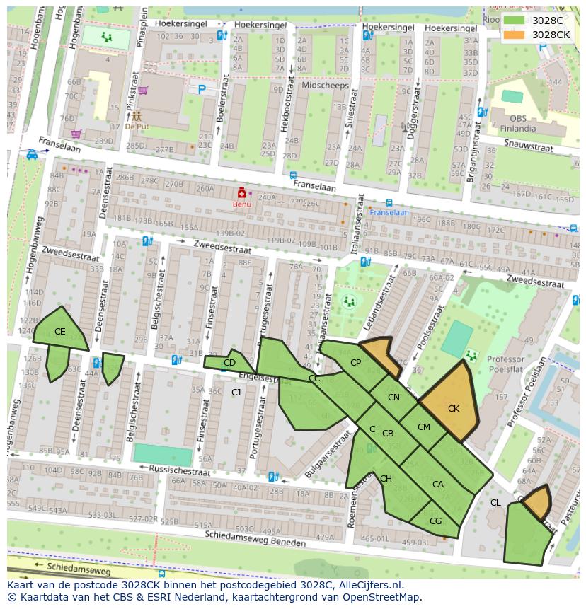 Afbeelding van het postcodegebied 3028 CK op de kaart.