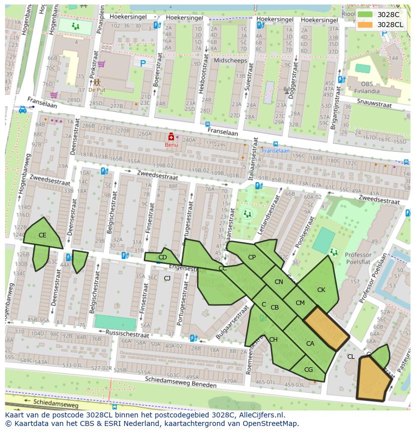 Afbeelding van het postcodegebied 3028 CL op de kaart.