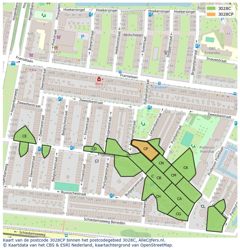 Afbeelding van het postcodegebied 3028 CP op de kaart.