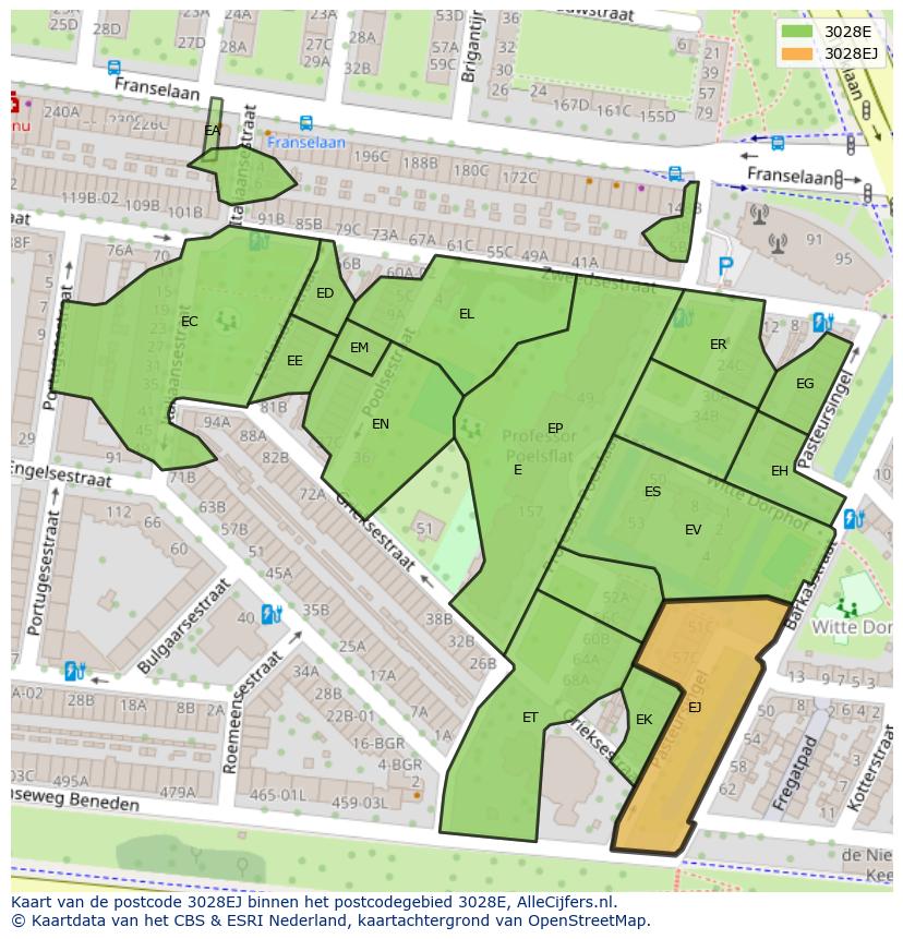 Afbeelding van het postcodegebied 3028 EJ op de kaart.