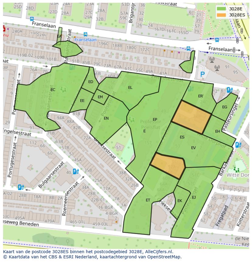 Afbeelding van het postcodegebied 3028 ES op de kaart.