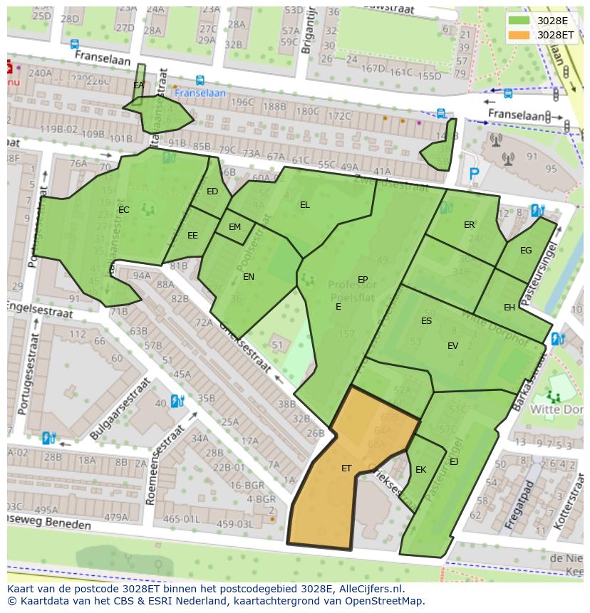 Afbeelding van het postcodegebied 3028 ET op de kaart.