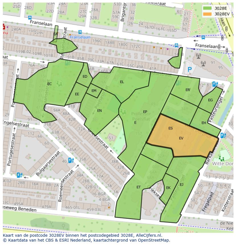 Afbeelding van het postcodegebied 3028 EV op de kaart.