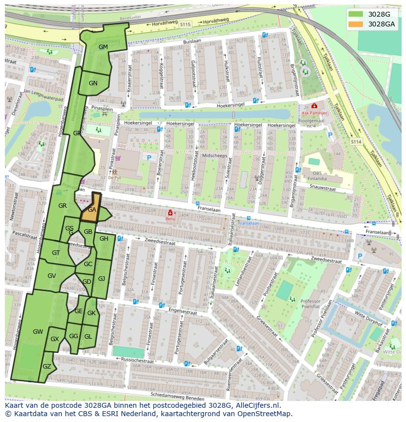 Afbeelding van het postcodegebied 3028 GA op de kaart.