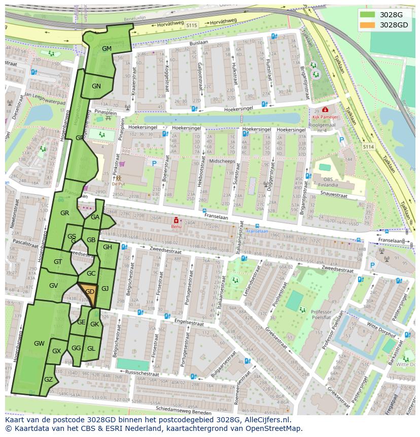 Afbeelding van het postcodegebied 3028 GD op de kaart.