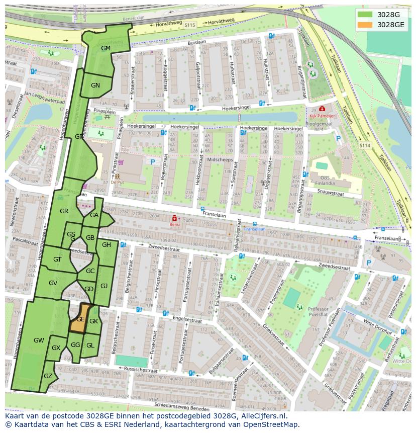 Afbeelding van het postcodegebied 3028 GE op de kaart.