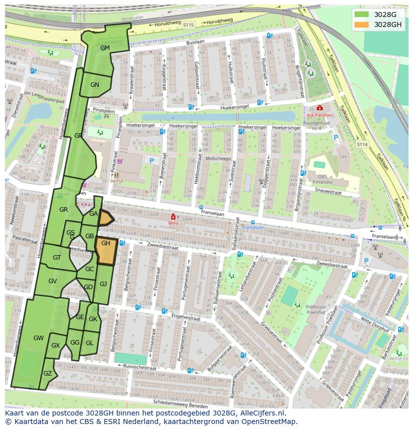 Afbeelding van het postcodegebied 3028 GH op de kaart.
