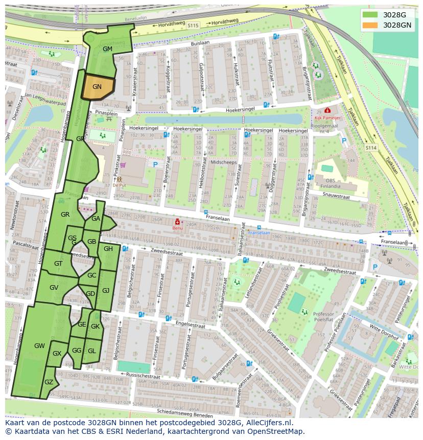 Afbeelding van het postcodegebied 3028 GN op de kaart.