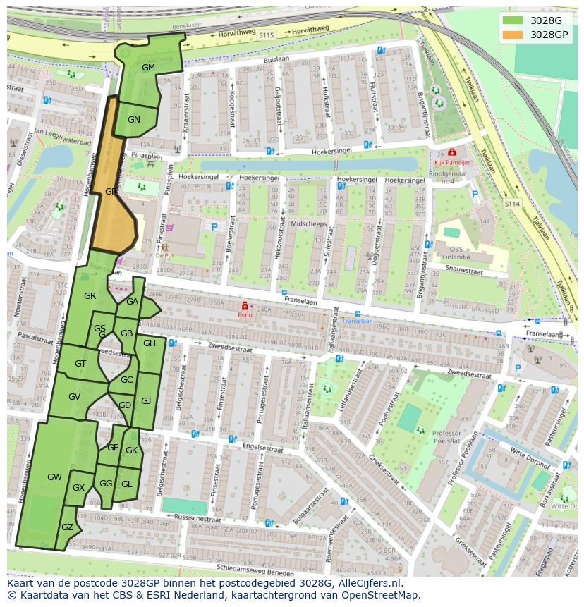 Afbeelding van het postcodegebied 3028 GP op de kaart.